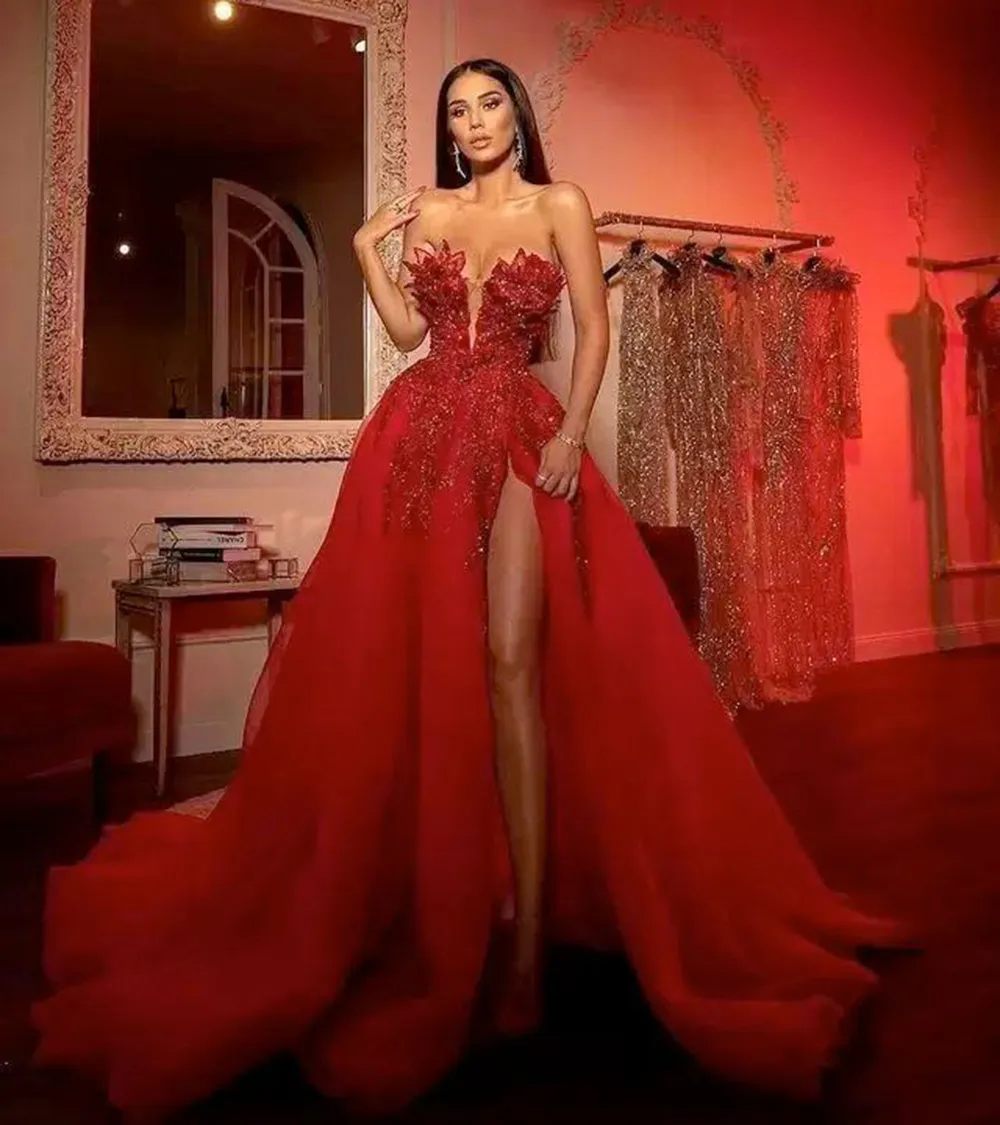 open lace back dress Strapless Floor Length Satin Split Dress main image 1