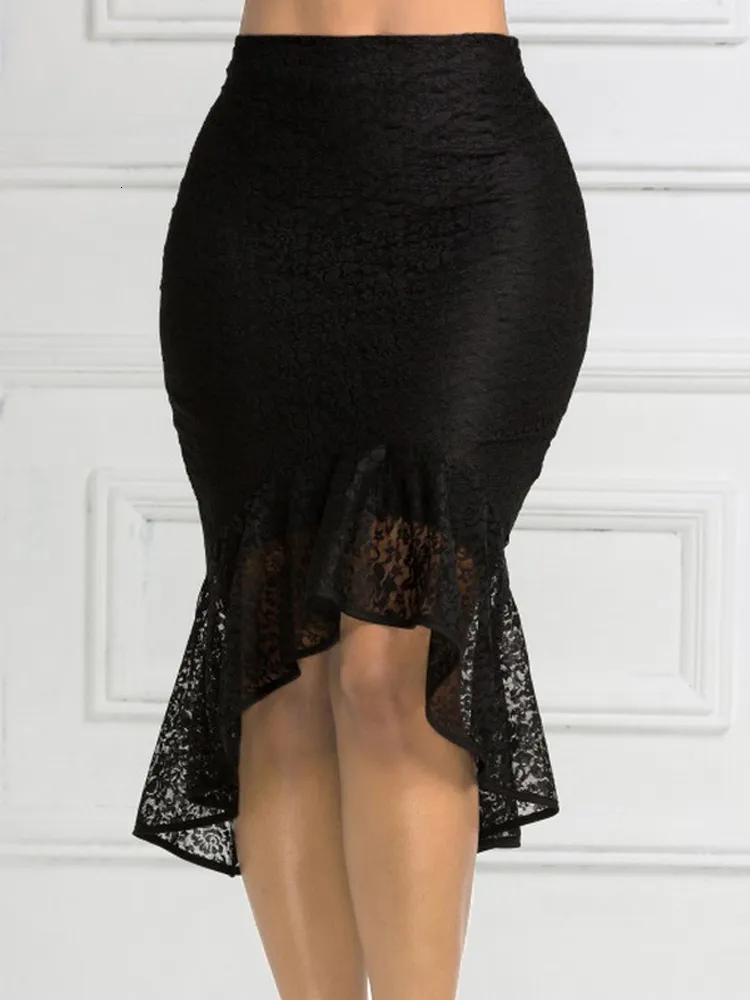 Kjolar sexiga svart spetsar gotiska kjolar kvinna imperium midja elastisk retro blyerts asymmetrisk xxl xl stor storlek jupe kvinnor mode 230327