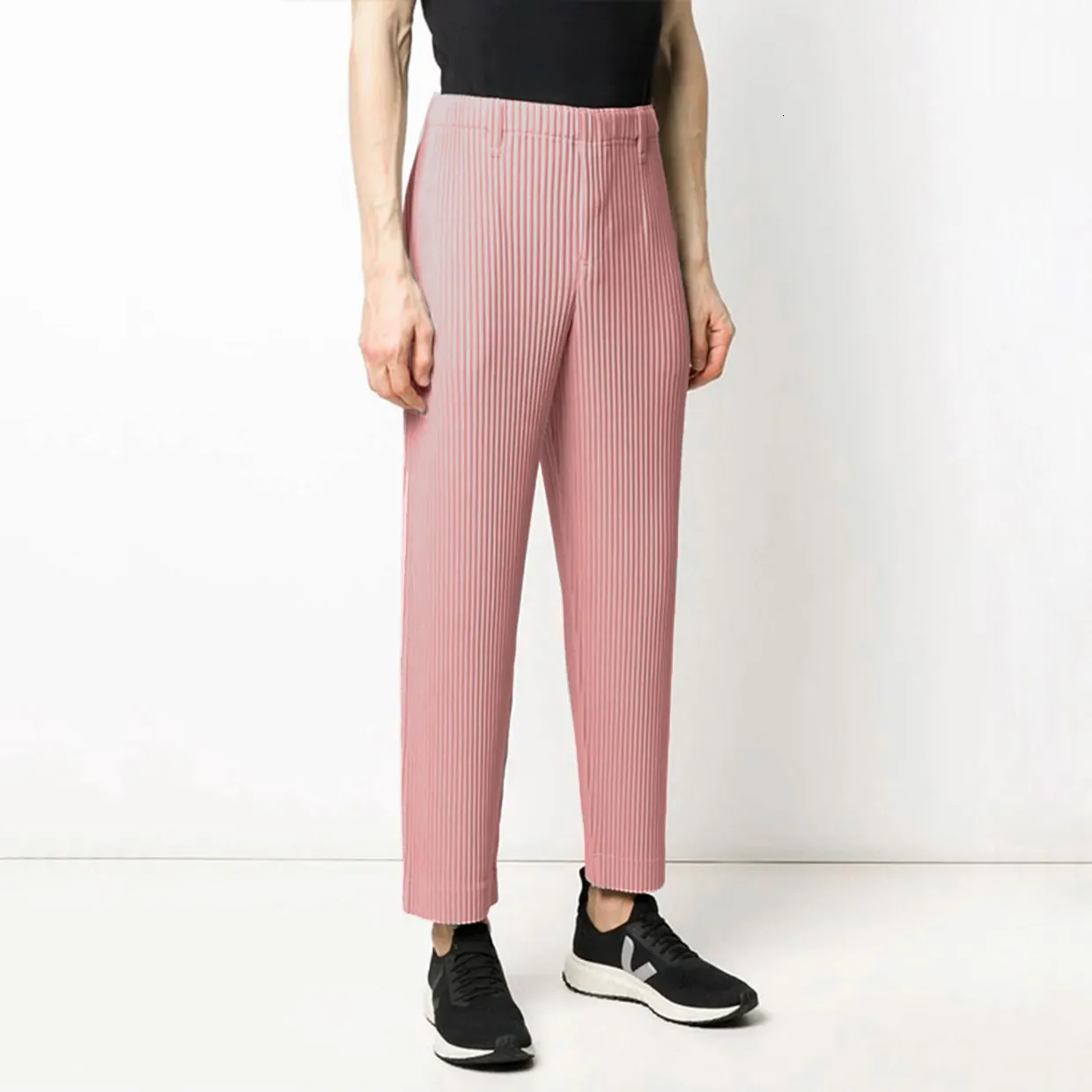 Men's Pants Miyake Pleated Pink Men's Classic Pants Suits Casual High Waisted Pencil Pants Designer Trousers Clothes 230327