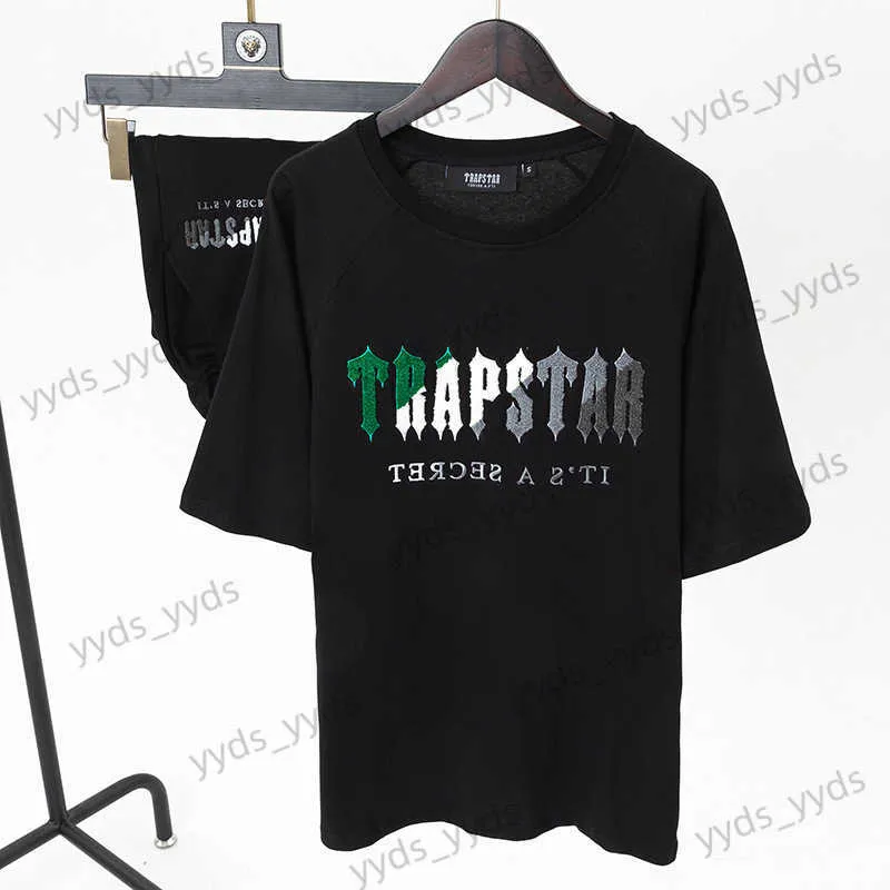 Herrspårar Trapstar Green White Handduk Brodery Street Ins Cotton Loose Short Sleeve Shorts Sport Set Summer T230327