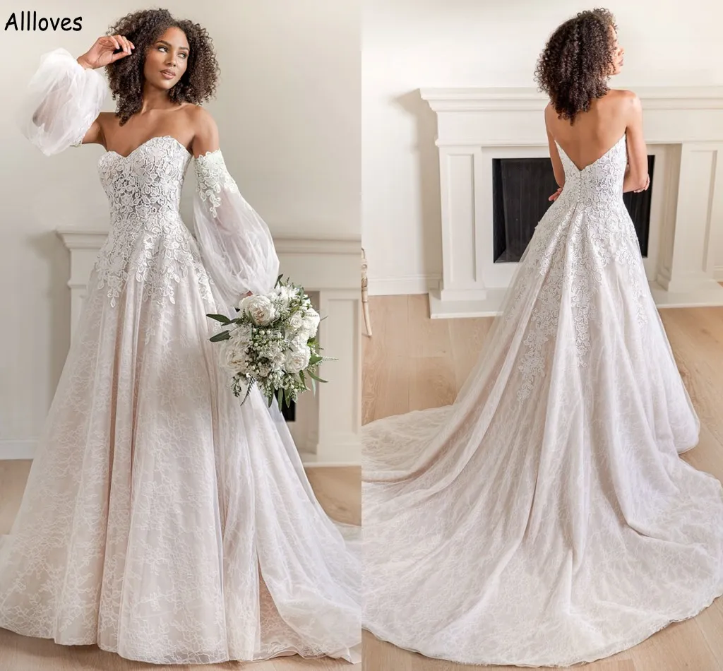 Mangas de lanterna removível Uma linha Vestidos de noiva Plus Tamanho Sweetheart Sexy lombalada Boho Country Vestidos de noiva Longo Tulle Lace Aplique Maternidade Vestidos cl2090