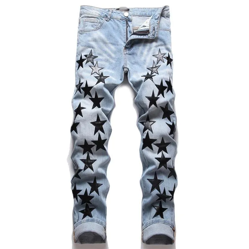 Мужские джинсы Hip Hop Slim Fit Stretch Punk Retro Blue вышитые пентаграммы брюки весенняя осень мода. Случайные джинсовые брюки