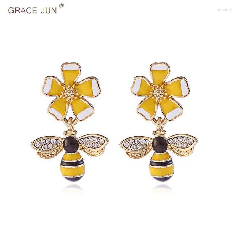 Boucles d'oreilles à dos GRACE JUN, en émail, en forme de fleur d'abeille, à Clip et percé pour femmes, breloque à la mode, 2023