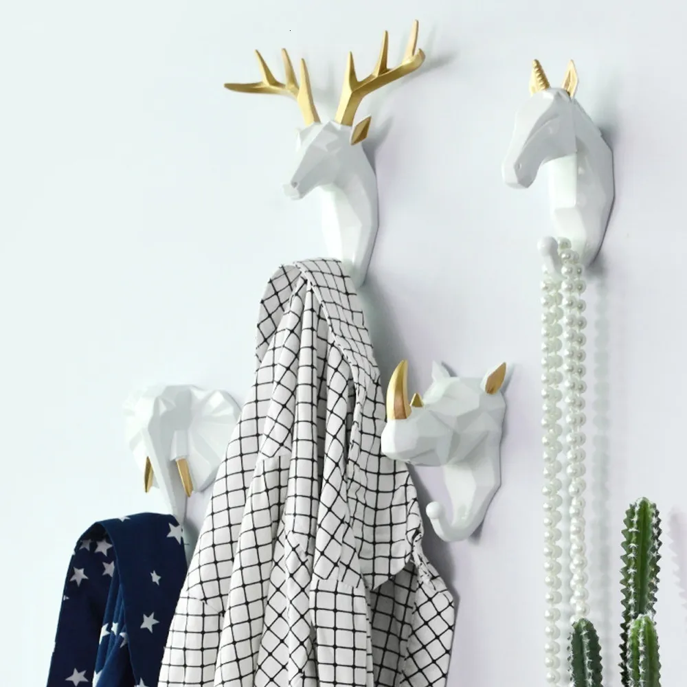 Hooks Rails 1pc Hanging Animal Head Decorative Deer Elephant Unicorn Rhinoceros Hanger Keys Clothes Hat Wall Decoration Rack 230327