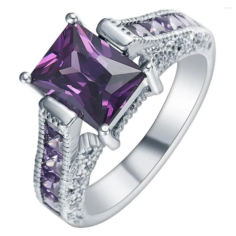 Fedi nuziali Trendy Purple Crystal Fashion Silver Color CZ Zircon Ring Jewelry For Women Party Gift Square Romantic Band Jewellery