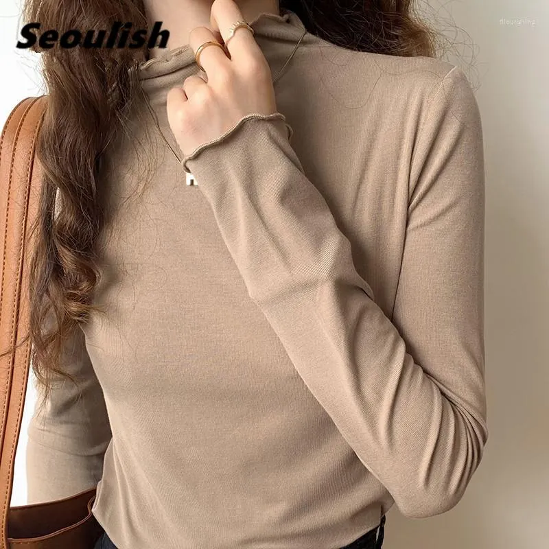 T-shirt da donna Seoulish Autunno Inverno T-shirt addensate da donna Solido manica lunga Velluto Basic Casual Donna Maglieria Chic Top 2023