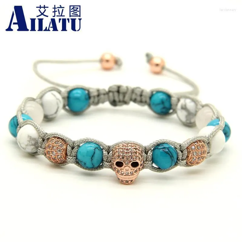 Strand Beaded Strengen Ailatu 8mm Wit Howliet Steen Helder CZ Hart Schedel Gevlochten Europese Amerikaanse Heren Armband Pulseira HombresBeaded