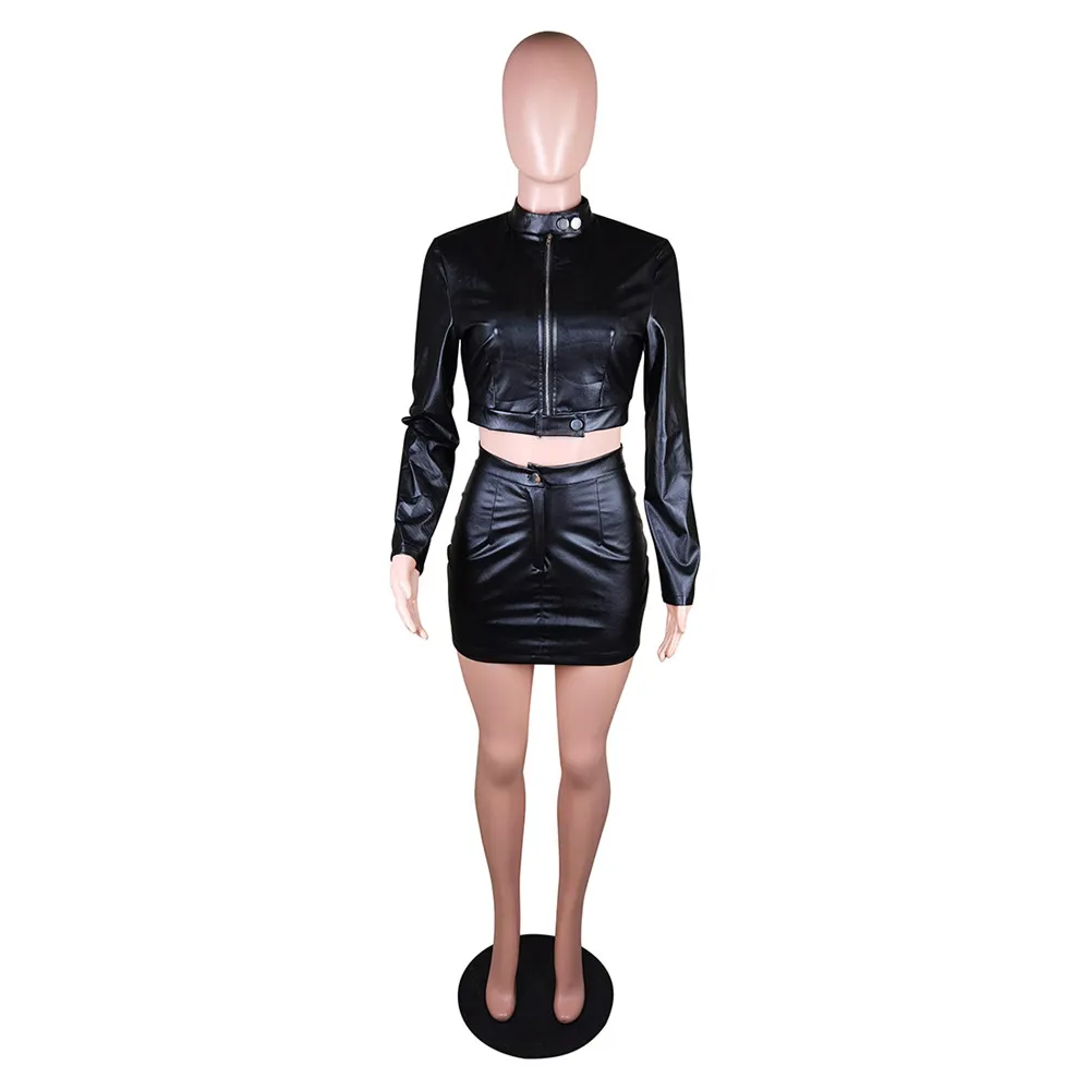 Designer novo 2023 designer de vestido de couro define mulheres manga longa jaqueta com zíper e bodycon mini saia dois conjuntos de peças casuais ternos pu roupas por atacado 9590