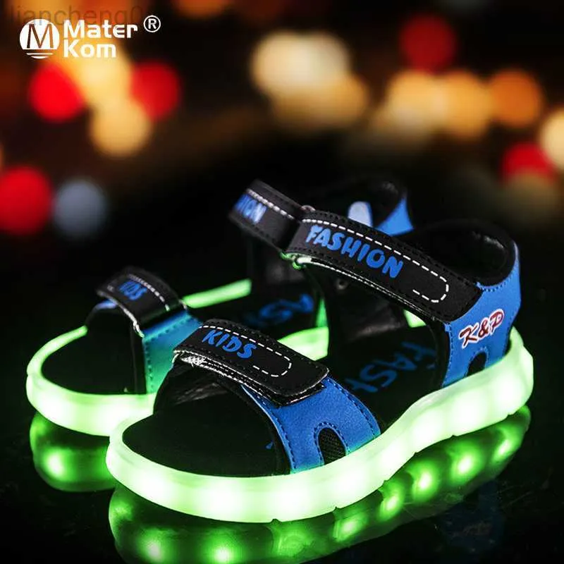 صندل حجم 25-35 الأطفال الصنادل التنفس للجنسين USB الشحن المتوهجة الصنادل غير الرسمية الفتيات LED تضيء الأحذية الأولاد أحذية مضيئة W0327