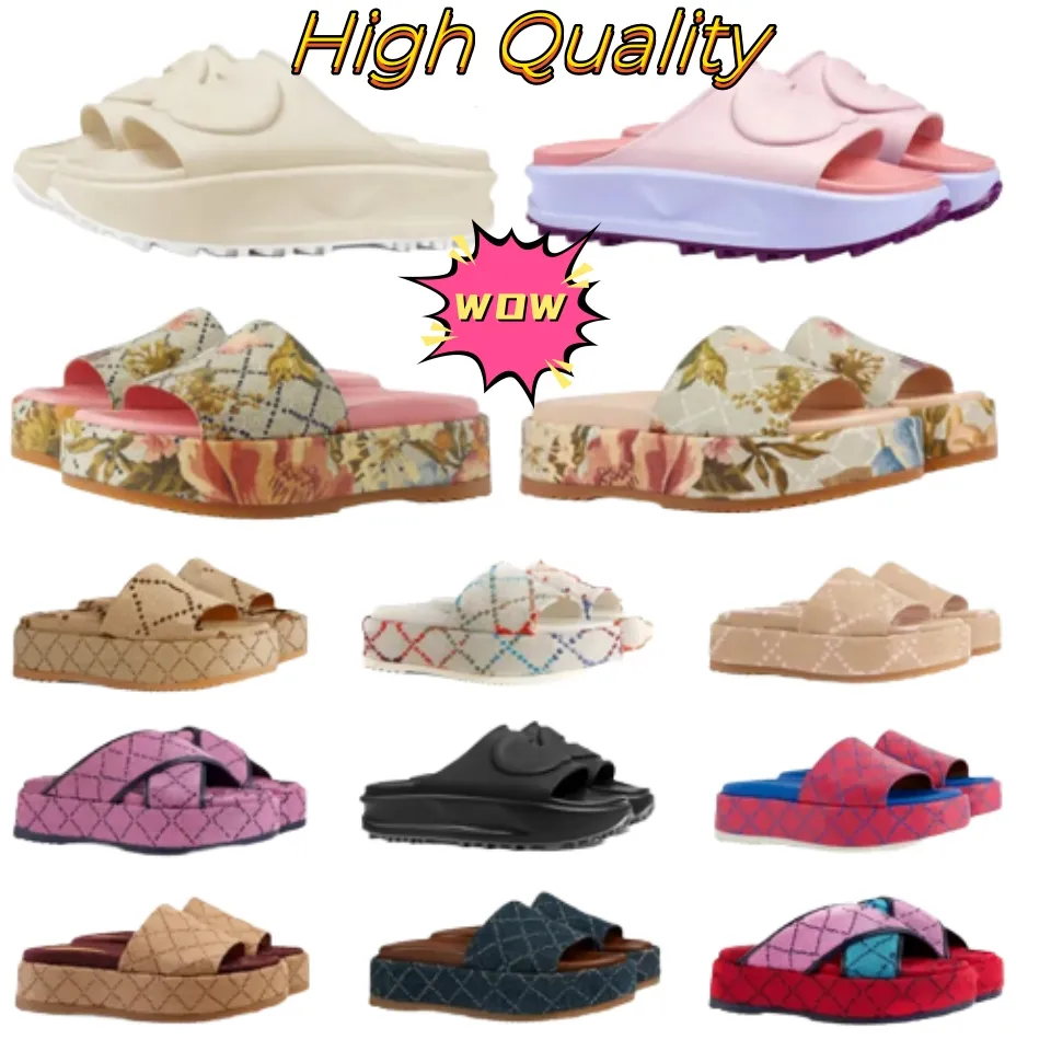 2023 Kvinnor Designer Tofflor kilmönster Broderi G Bokstäver Strand Casual Slides Flip Flops Dam Plattform Tjock botten Öka Tofflor