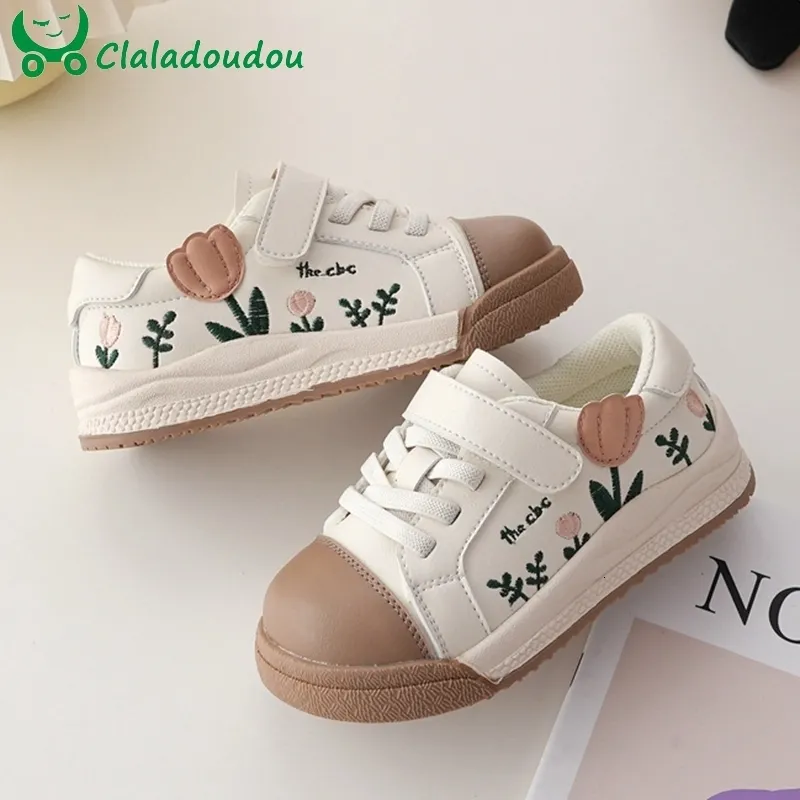 First Walkers 1419cm Kids Girls Flower Sneakers Beige Pu Leather Soft Sole Casual Shoes For Children Woman Spring Autumn 16years 230327