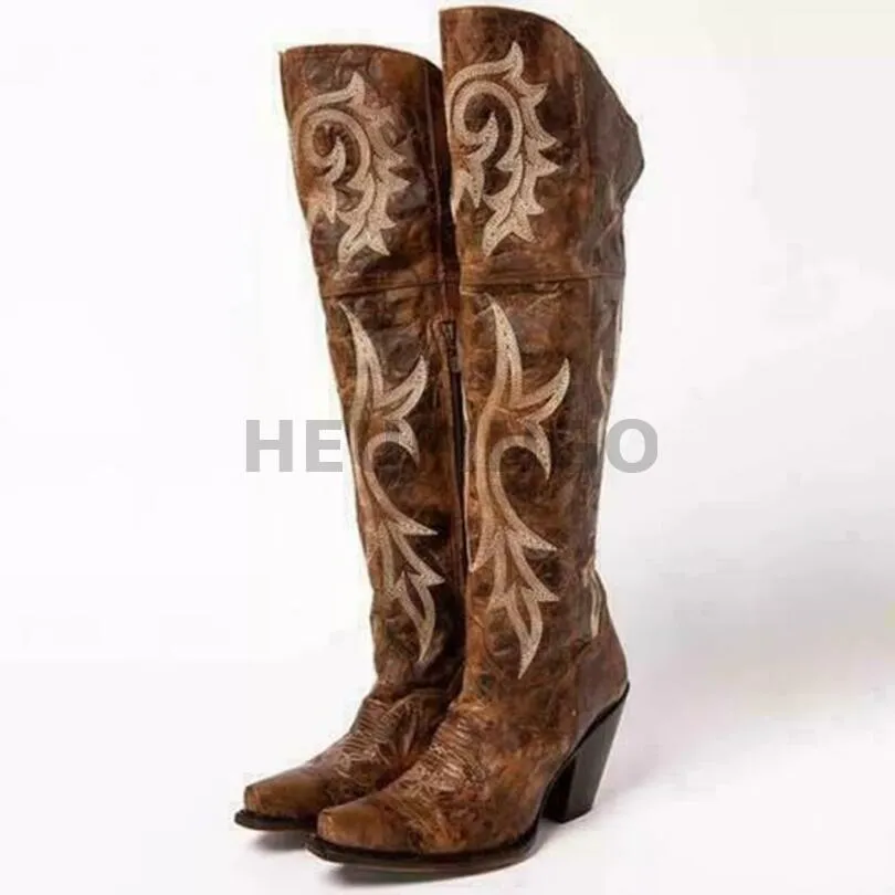 Bottes Cowboy pour femmes 2023 mode marron genou talons hauts broder Sexy chaud hiver Zip Femme chaussures faites à la main taille 43 230327