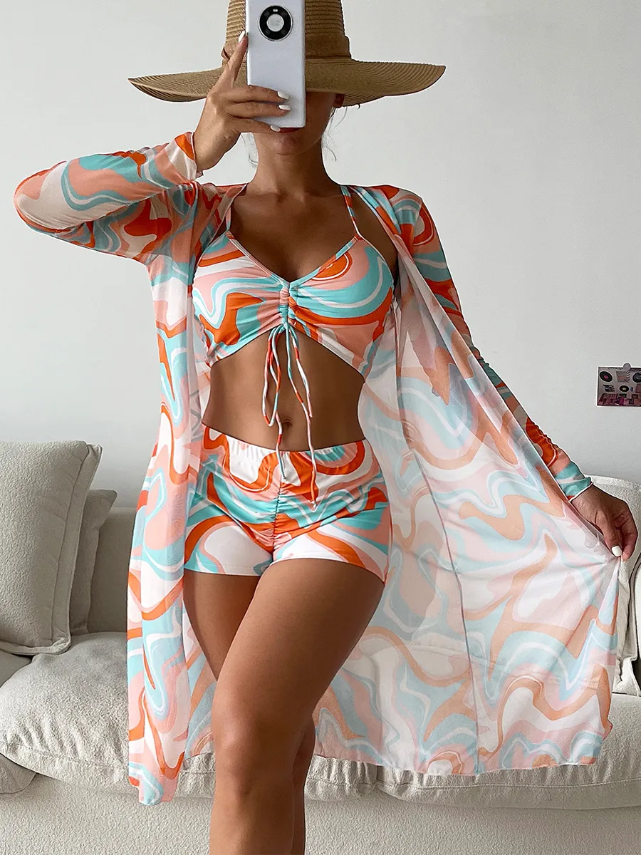 Womens Swimwear Tropical High Waist Bikini Three Pieces Women Sexy Long Sleeve Cover Up Swimsuit Summer Push Up Beach Bathing Suit Swimwear 230327