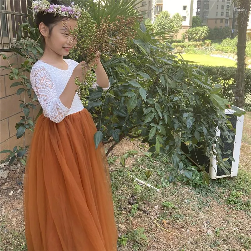 Flickaklänningar Boho Chic Flower Girls spets tyllklänning för tonåringar barn brända orange färg brudtärna bröllop vestido dräkt