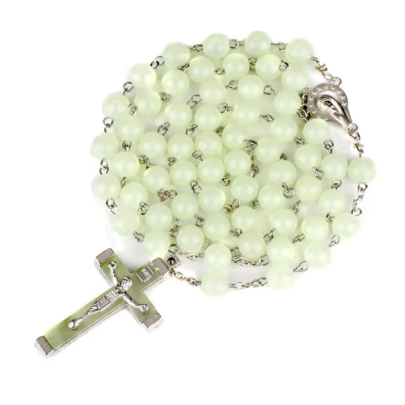 8MM Glow In The Dark Rosary Bead Chain Necklaces For Women Cross Pendant luminous Necklace Religious Jewelry