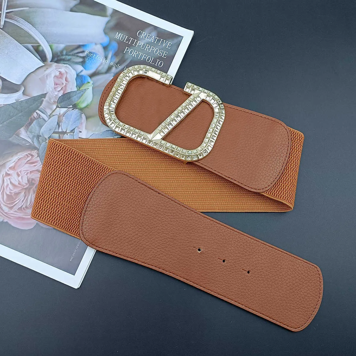 Designer-Inspired Brown stretch Belt with Gold Buckle Women main image 2