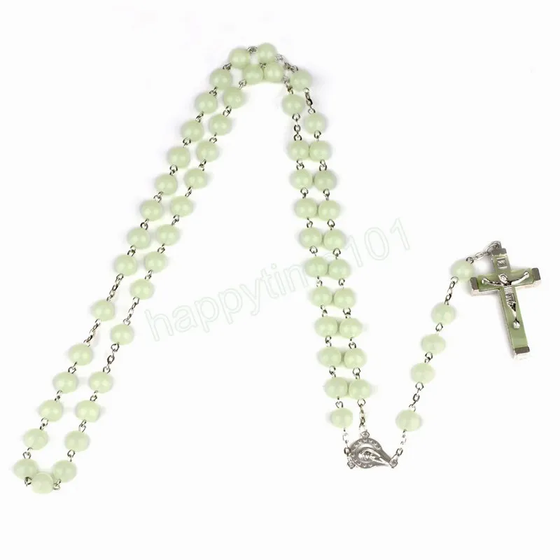 8MM Glow In The Dark Rosary Bead Chain Necklaces For Women Cross Pendant luminous Necklace Religious Jewelry