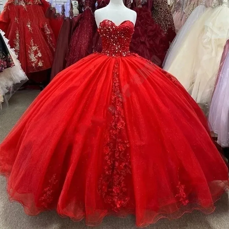 Quinceanera-Kleider, Prinzessin, rote Applikationen, Kristall-Schatz-Ballkleid mit Tüll, Übergröße, Süße 16-Debütantin, Party, Geburtstag, Vestidos de 15 Anos 75