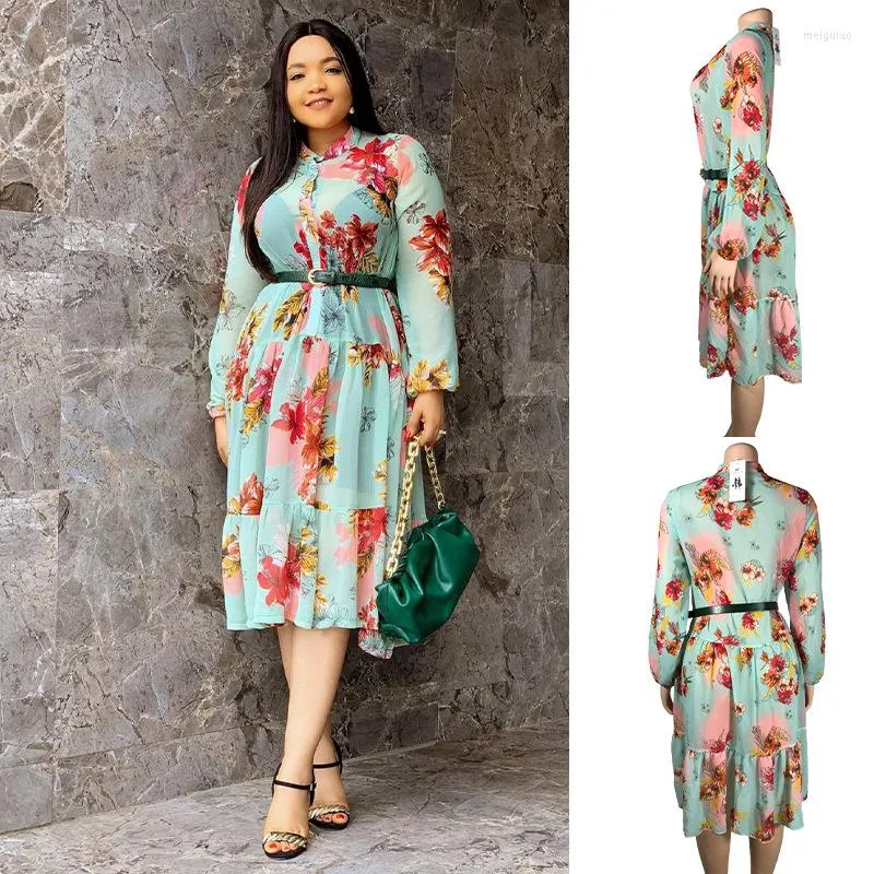Casual Dresses TSXT 2023 African Style Women Retro Printed Loose Swing Dress Vacation Lady Single Breasted O-neck Long Sleeve