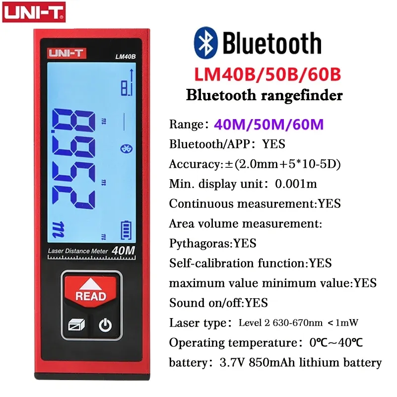 UNI-T LM40B LM50B LM60B MINI Bluetooth RangeFinder High Precision Laser Electronic Ruler för byggnadsrumsmätinstrument