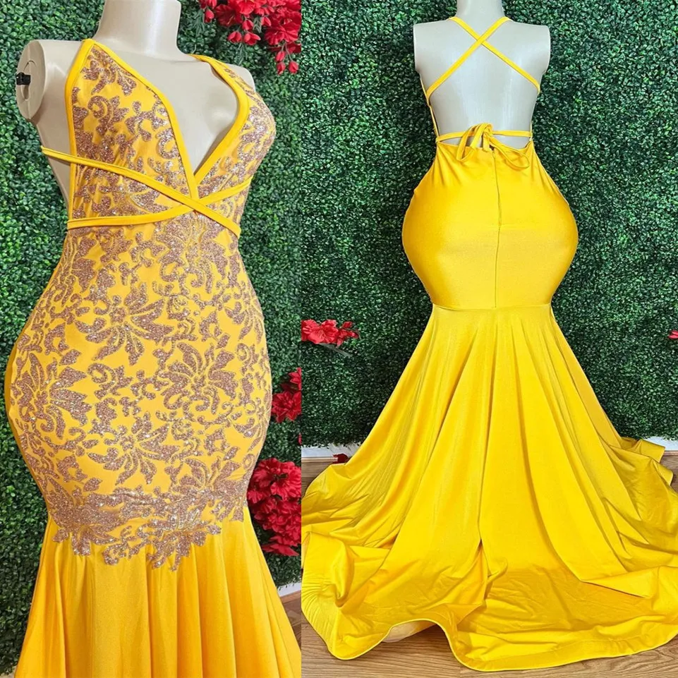 2023 Arabisch Aso Ebi Yellow Mermaid Prom Dresses Lace Backless Sexy Evening Formeel feest tweede receptie verjaardag verloving bruidsmeisjes jurken jurk zj2003