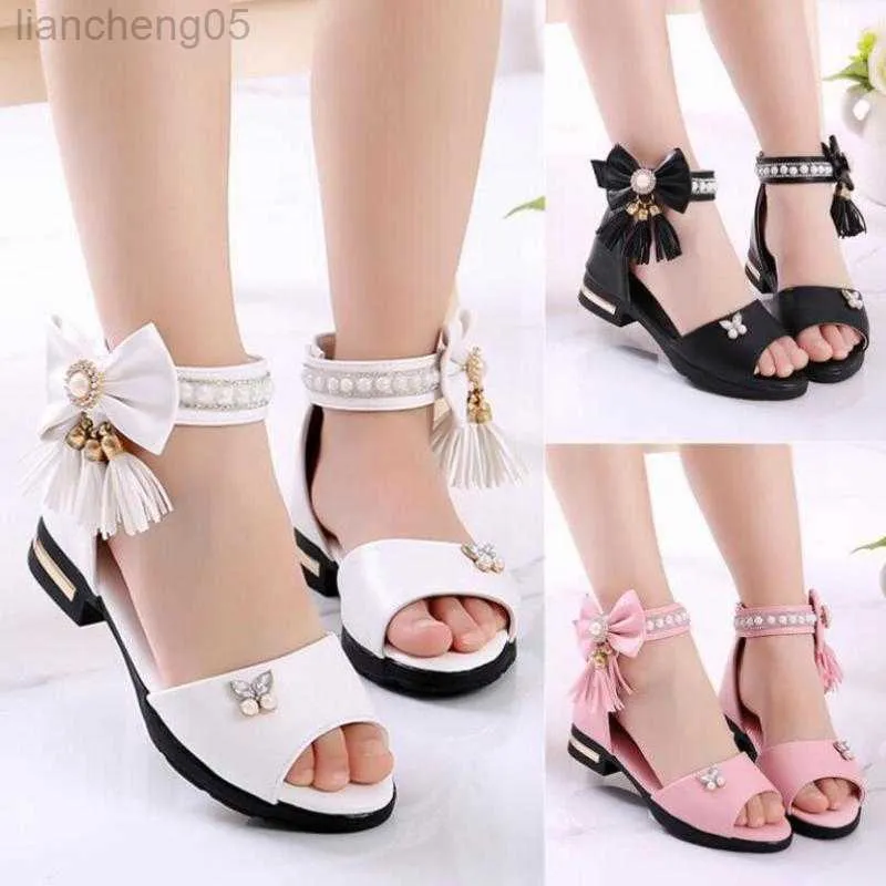 Sandalen kinderen boog sandalen kinderen meisjes zomer schattige sandalen strand sandalen 2021 prinses mode high hakken tassel school schoenen w0327