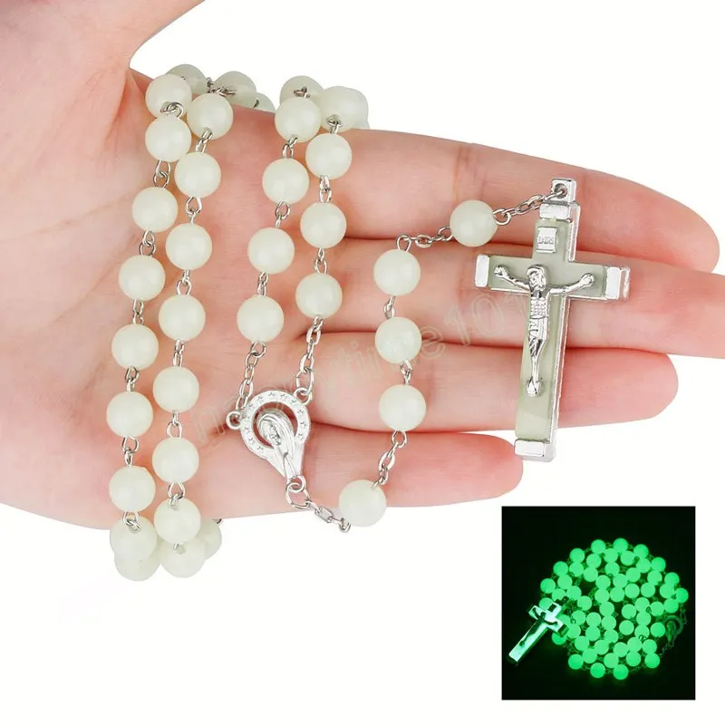 8MM Glow In The Dark Rosary Bead Chain Necklaces For Women Cross Pendant luminous Necklace Religious Jewelry