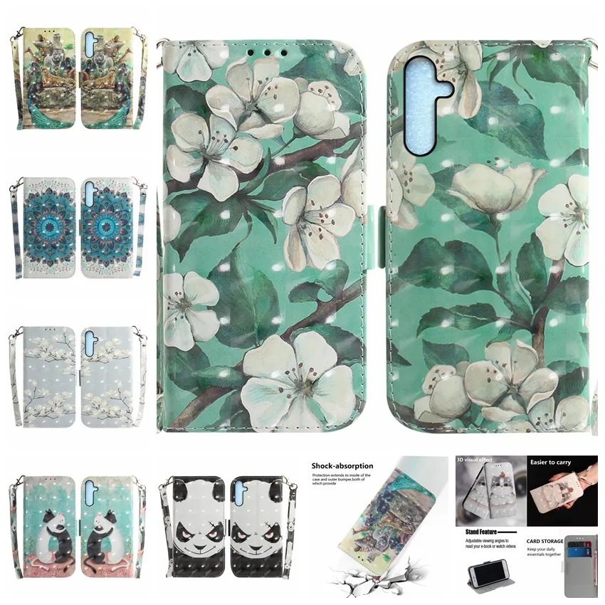 3D Flower Leather Wallet Actions لـ Samsung A34 5G A54 A04E A24 4G Motorola Moto G73 G13 G23 G53 E13 Tiger Animal Cartoon Cat Panda Leopard Card Cover Cover Pouch