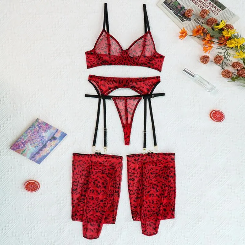 Red Leopard Print Lingerie Set For Women Sexy Thin Lace Bra