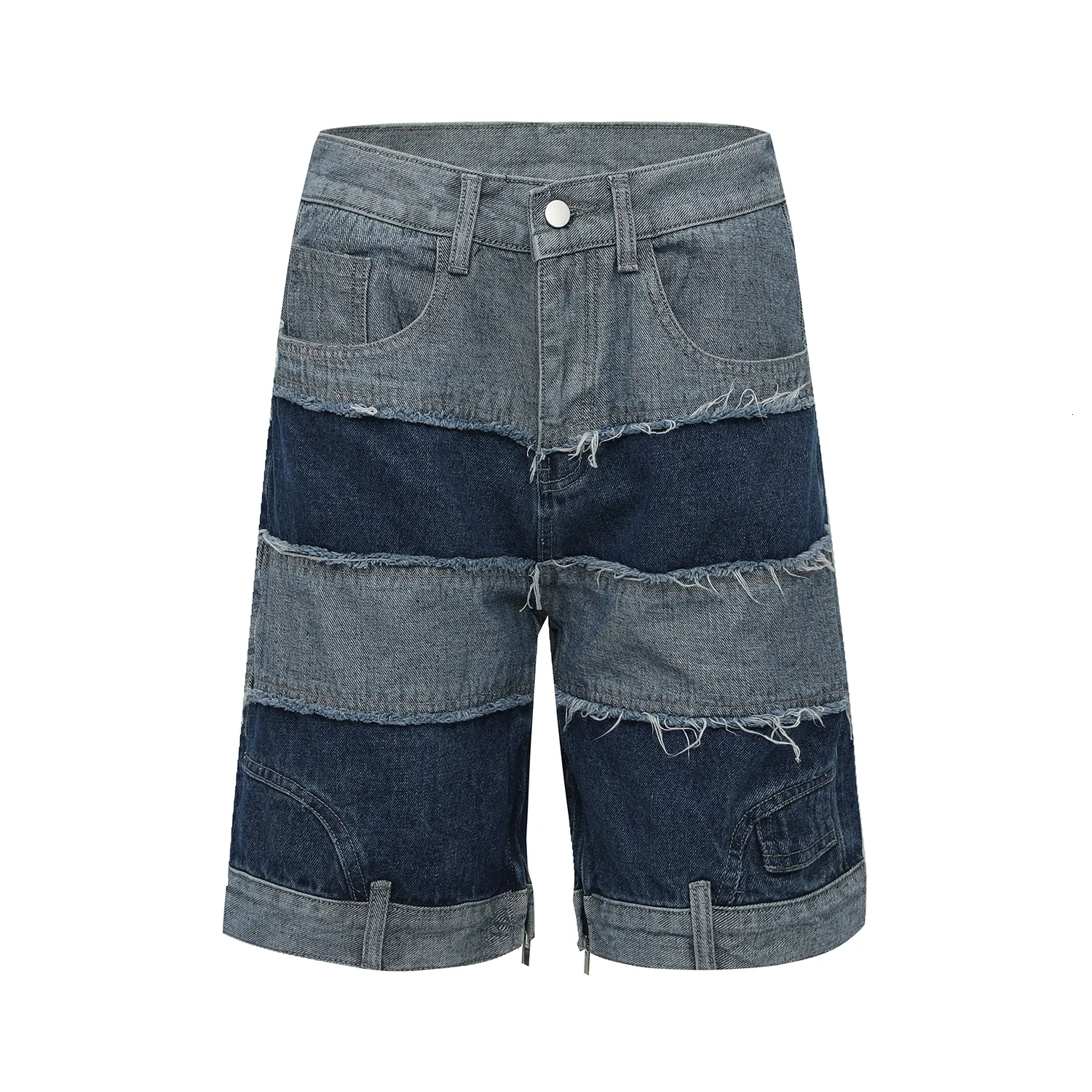 Mäns shorts Mens randiga lapptäcke jeans shorts Hip Hop Destruction Tassel Washed Cut Denim Shorts Reverse Design Zip Baggy Jean Male 230327
