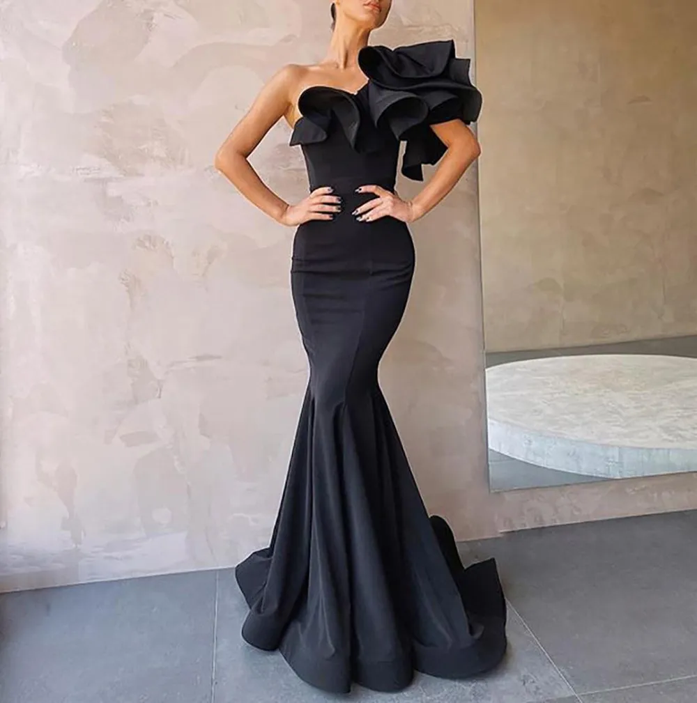knee length dresses for ladies Mac Duggal Women's Crepe One Shoulder Mermaid with 3D Flower Gown - Black - Size 6 main image 1