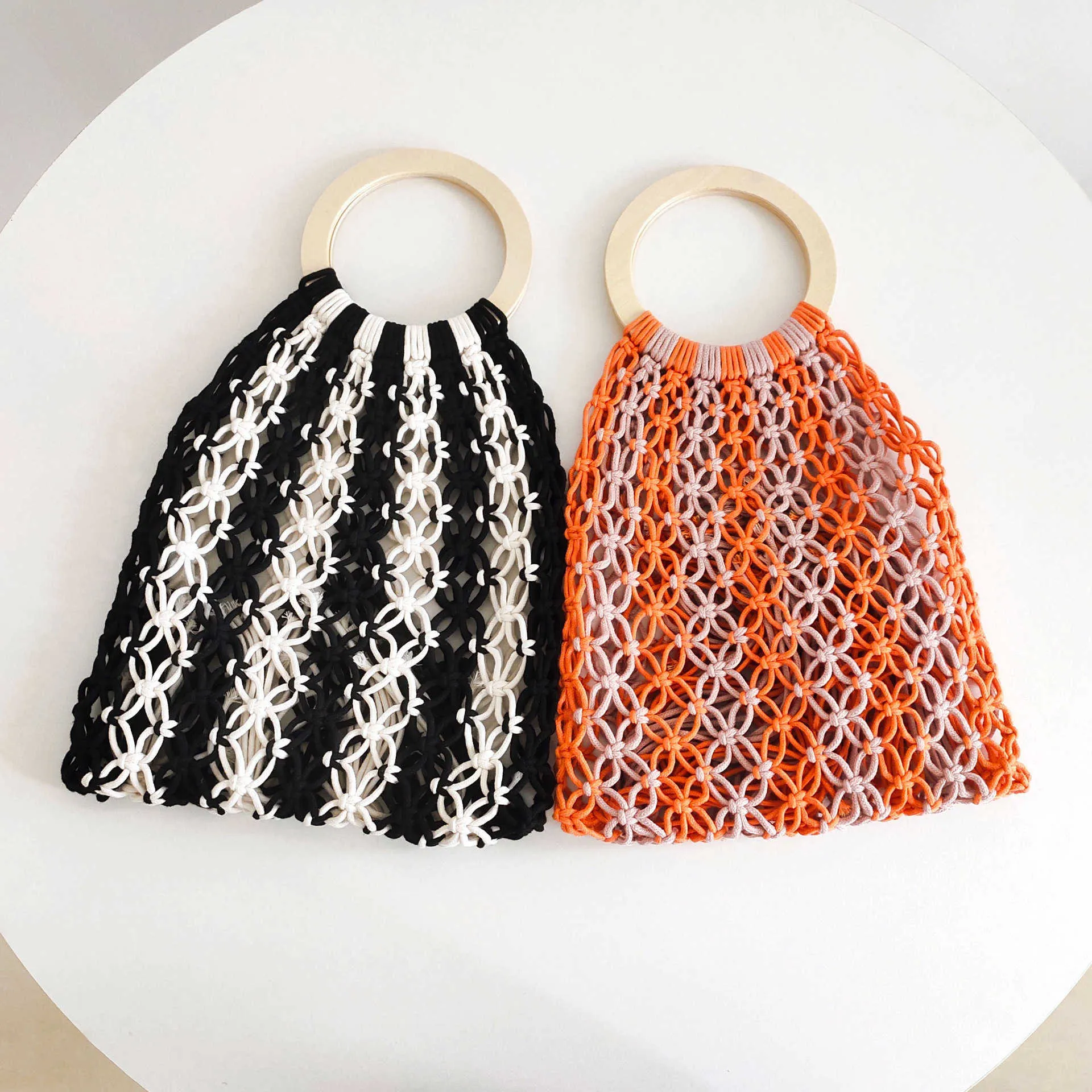 Beach Bags Summer New Ins Cotton Cord Hollow Woven Sen Straw Seaside Holiday Handmade Net 230327