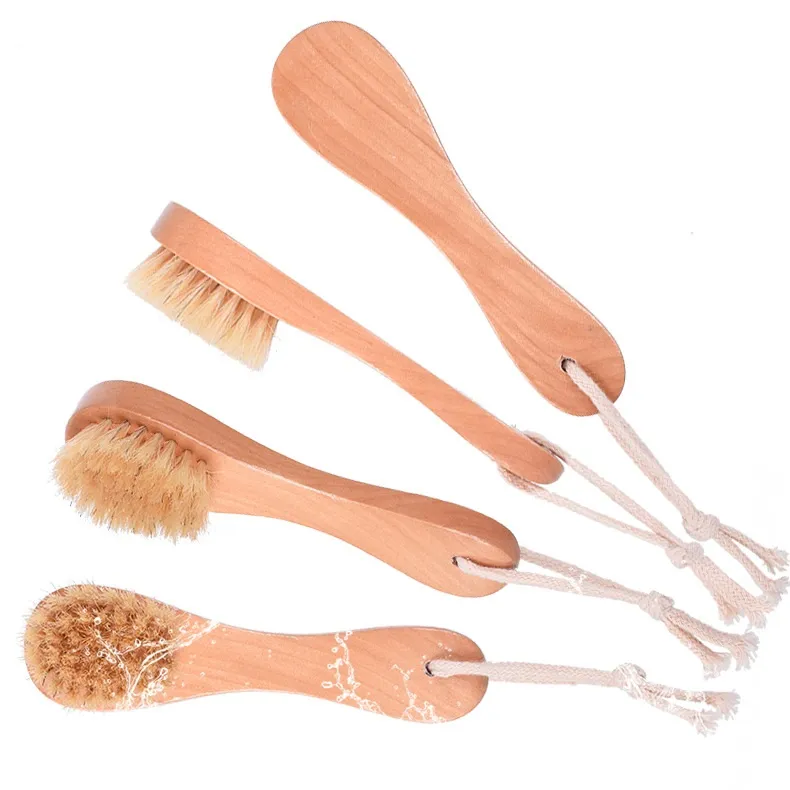 Brosses de bain éponges épurateurs poils de sanglier naturels Spa brosse faciale visage avec manche en bois enlever exfoliant