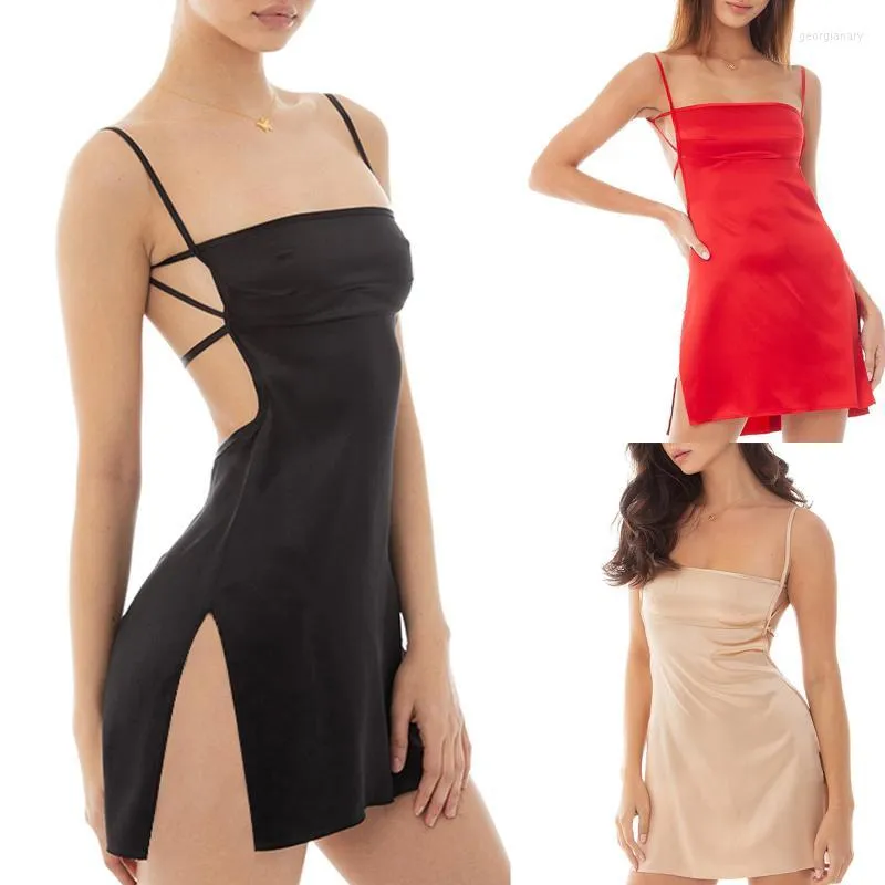 Jupes Femmes Moulante Mini Robe Sexy Spaghetti Sangle Criss Cross Dos Nu Couleur Unie Cami