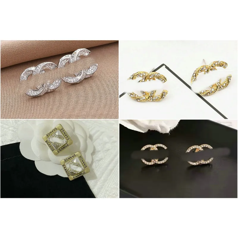 Luxury Brand Designers Double Letters Stud Women Crystal Rhinestone Earring Wedding Party Jewerlry Gift