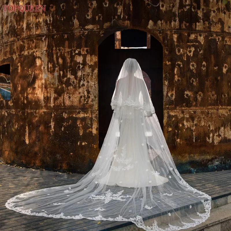 Veli da sposa TOPQUEEN V77 2 strati di copertura anteriore e posteriore cattedrale lunghezza velo con bordo in pizzo fard matrimonio mantiglia