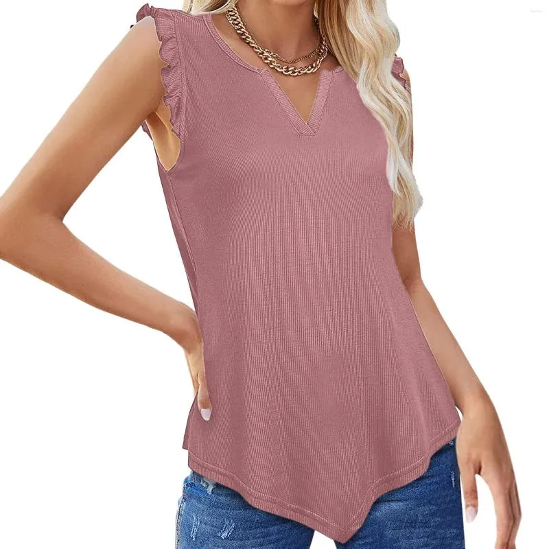 Canottiere da donna Canotte nere Casual Estate Top da donna Moda Spiaggia Scollo a V tinta unita Canotte con volant Senza maniche Camicie rosa carine