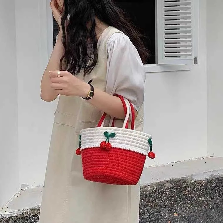 Beach Bags Lovely Cherry Small Women s New Handmade Cotton Thread Straw Woven Fresh Portable Basket 230327