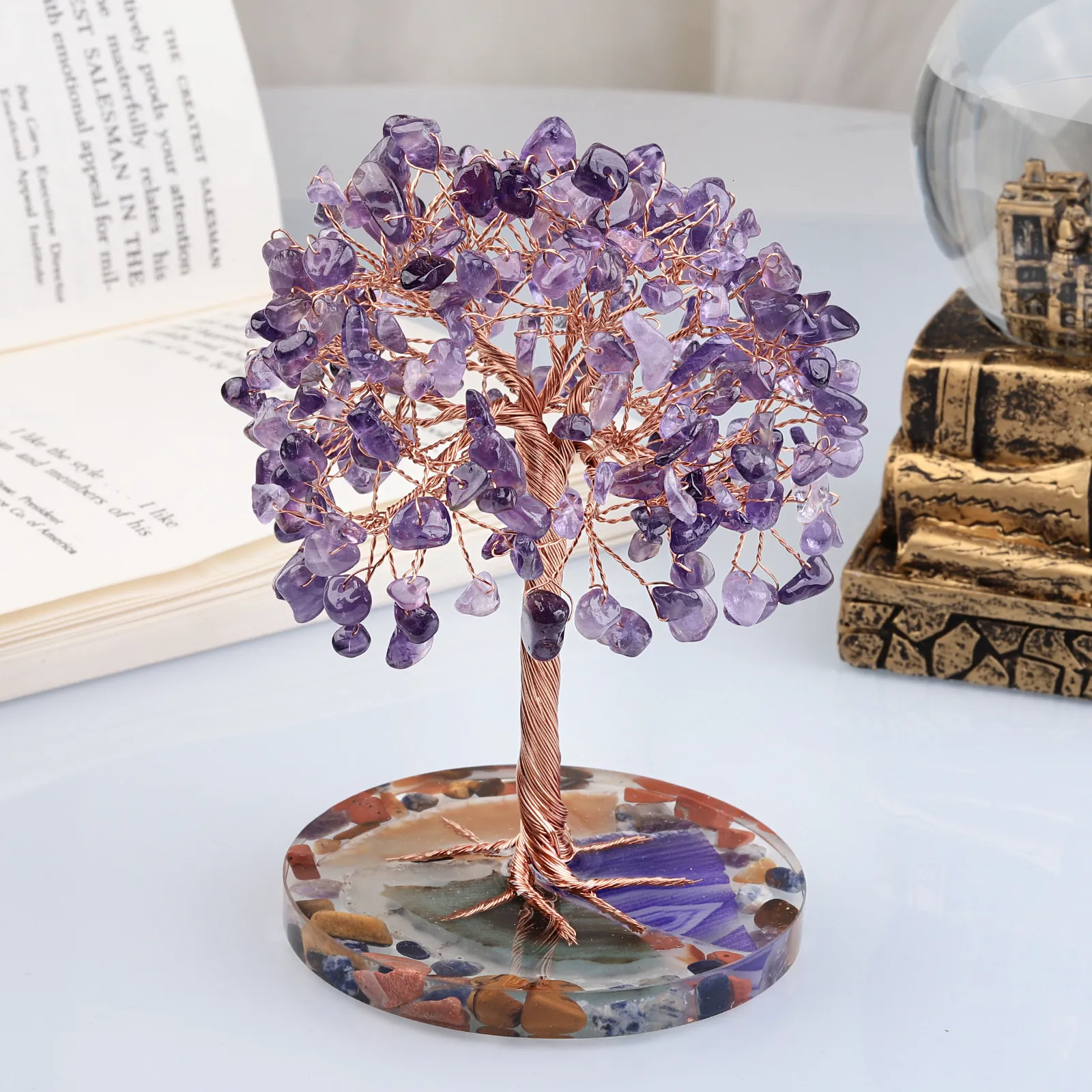 Outra decoração da casa Super Mini Crystal Money Tree Copper Wire embrulhado W AGate Slice Base Gemstone Reiki Chakra Feng Shui Trees 230327