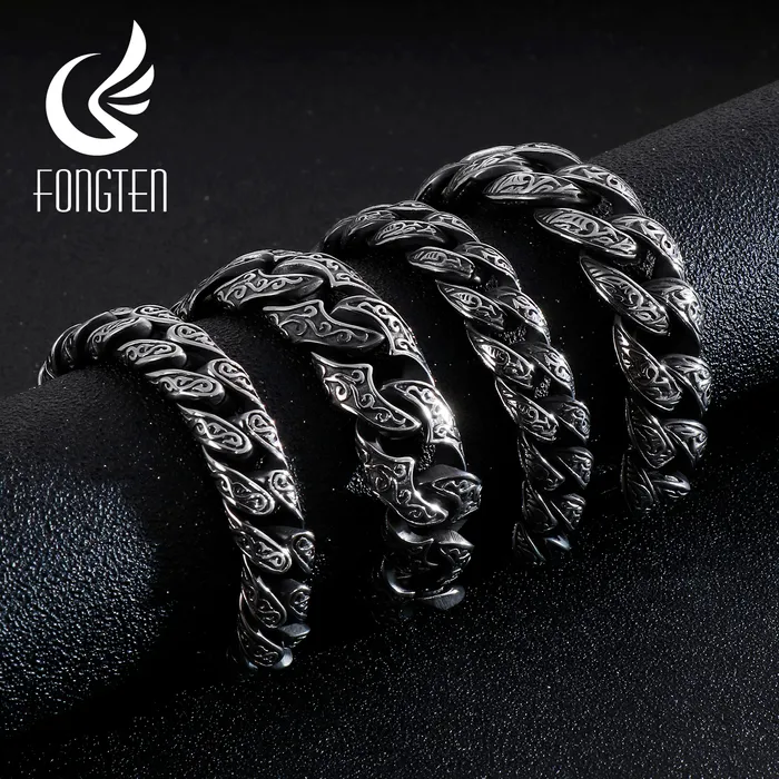 Bracelets porte-bonheur Fongten Hip Pop Mens Chaîne à maillons cubains Bracelet Punk Acier inoxydable Vintage Noir Homme Bracelet Bracelets Bracelet Viking Bijoux 230325