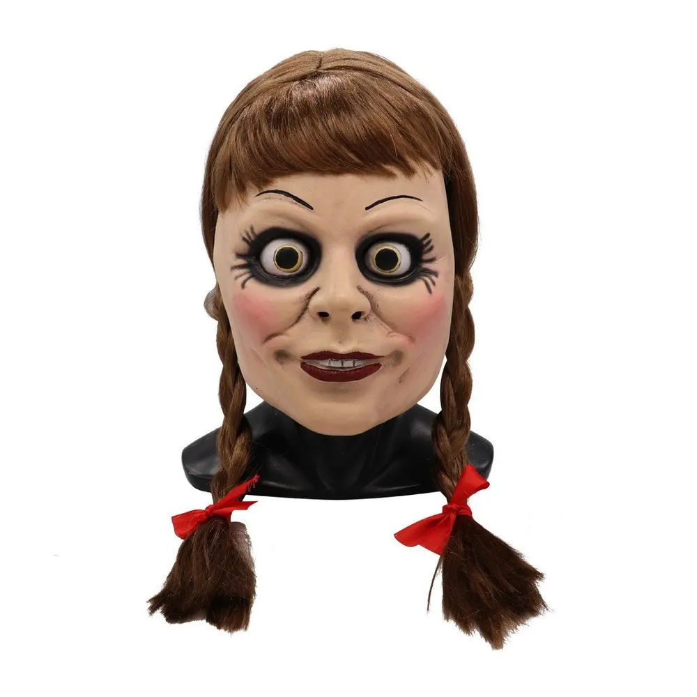 Masques de fête Annabelle Latex Cosplay Masque Film Annabel Poupée Effrayant Adulte Pleine Tête avec Perruques Ponytails Halloween Party Masque 230327