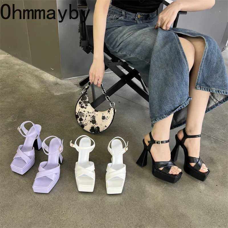 New Summer Women Sandal Fashion Cross Gladitor Shoes Square High Heel Party Drees Pumps Shoes Open Toe Sandalias 230327