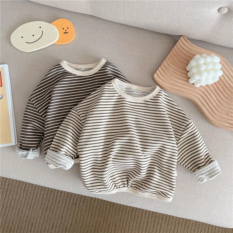 T-shirts 0-6Years Children Striped T-shirt Sweaters Spring Autumn Baby Clothes Korean Boys Girls Loose Tops Long Sleeve Bottoming Shirt 230327