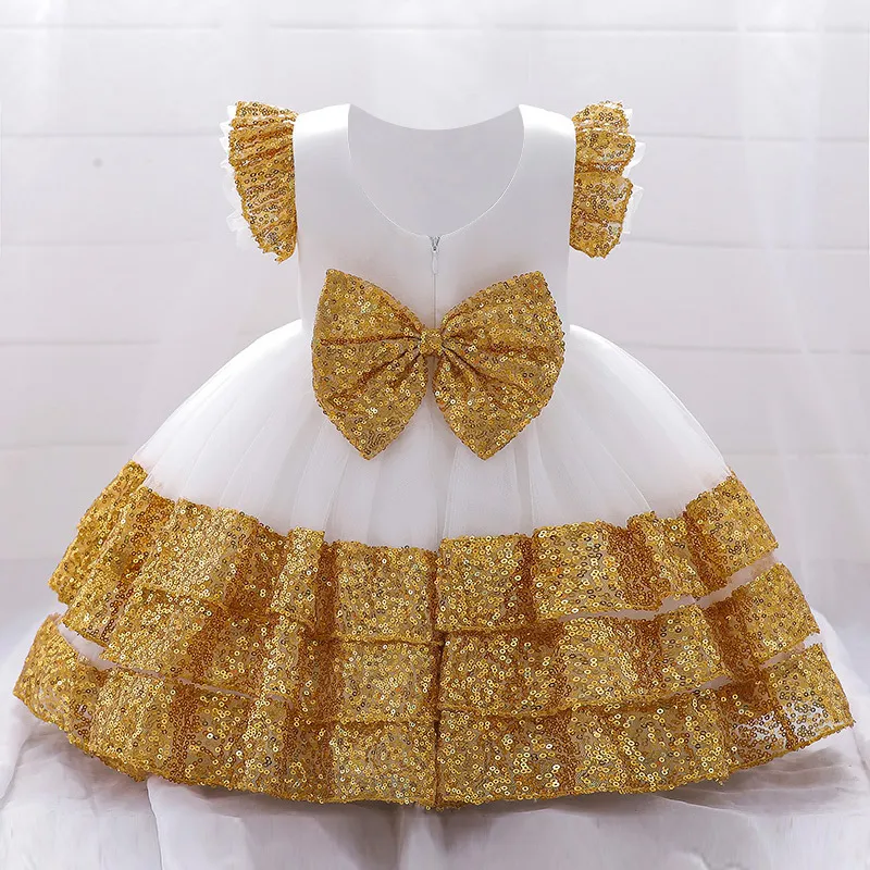 Abiti da ragazza Costume per bambini in costume da bambina abiti da bambino con paillettes senza schienale 1 anno abito di compleanno per battismo Bow Princess Party Abito 230327