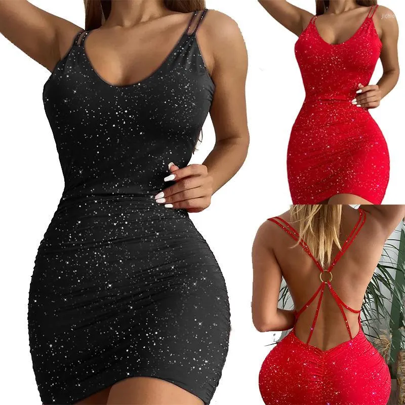 Abiti casual 2023 Moda donna senza maniche con scollo a V Mini vestito attillato rosso sexy Christma Summer Glitter O-ring Backless increspato aderente