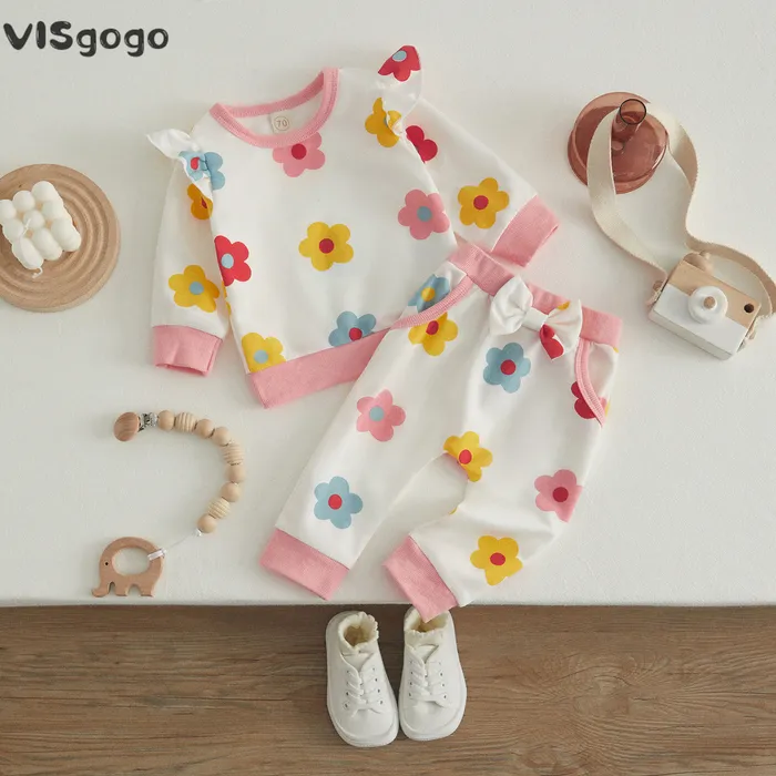 024 Monate 230327 Pyjamas VISgogo 2-teiliges Baby-Herbst-Outfits mit Blumendruck, Rüschen, Langarm-T-Shirt, Freizeithosen-Set für Kleinkinder