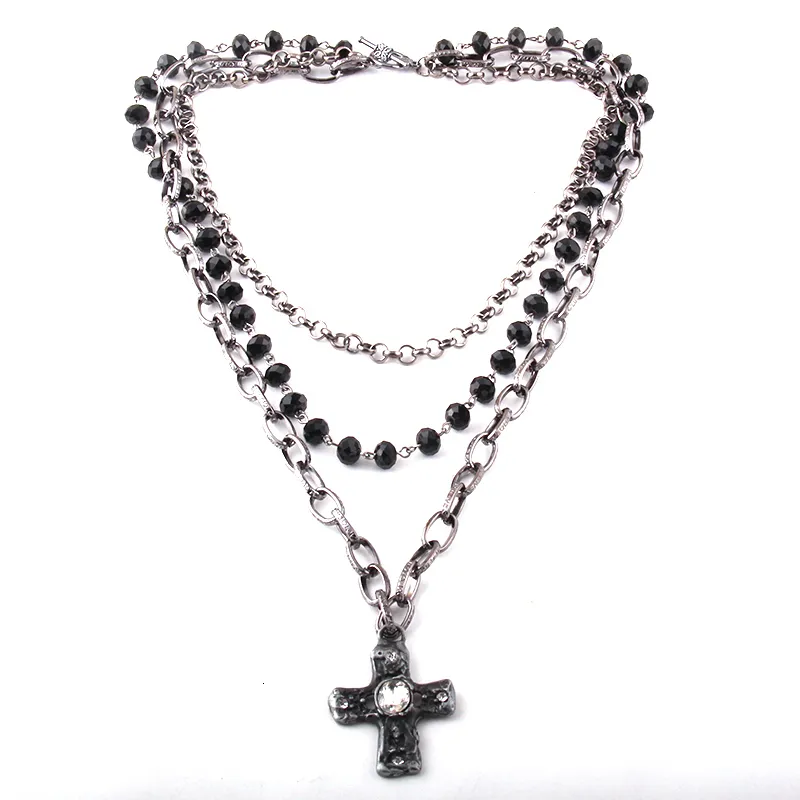 One String Cross Chain Strands Strings Fashion Bohemian Tribal Jewelry 3 Layer Black Glass ...