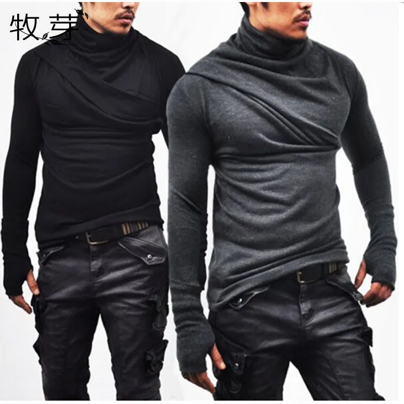 Men's T-Shirts Men cowl neck Thumb Hole Cuffs t shirt Long Sleeve Casual T Shirt Turtle Neck Silm Fit T-shirt hip hop streetwear 230327