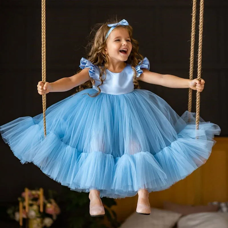 Elegant Baby Girls Birthday Baby Blue Dress For 0 2 Year Old