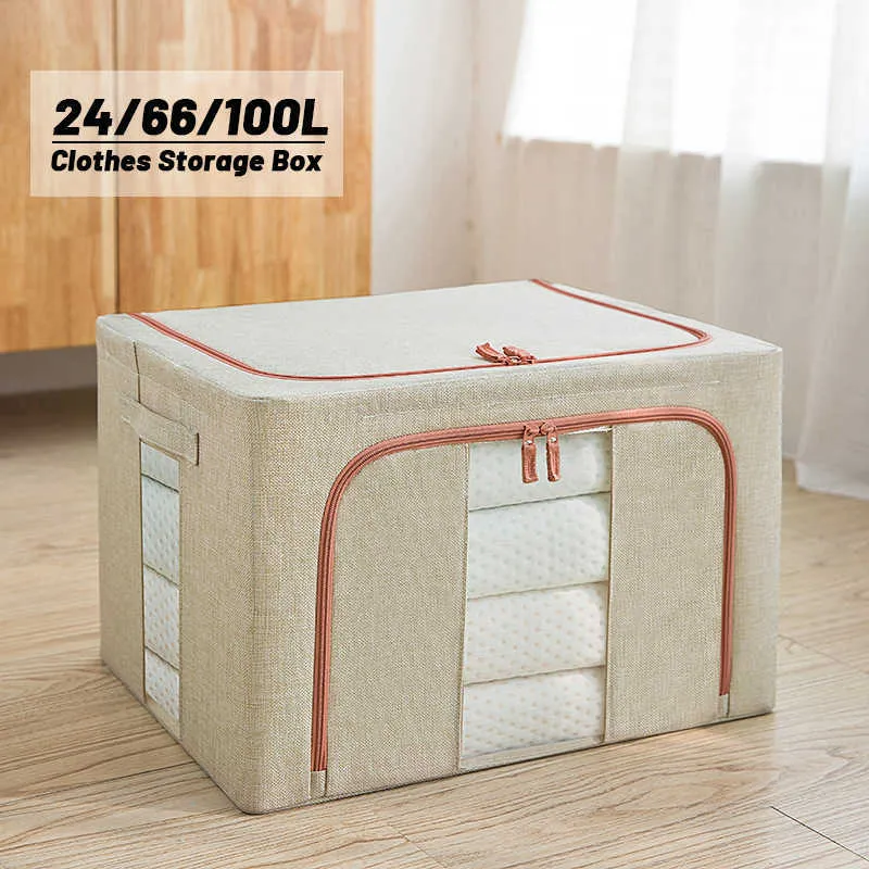 Caixas de armazenamento caixas 24/66/100l caixa de armazenamento quadro de aço de aço caixa de armazenamento de pano oxford com tampa de cosméticos colcha livro de roupas de brinquedo Organizador de armazenamento P230324